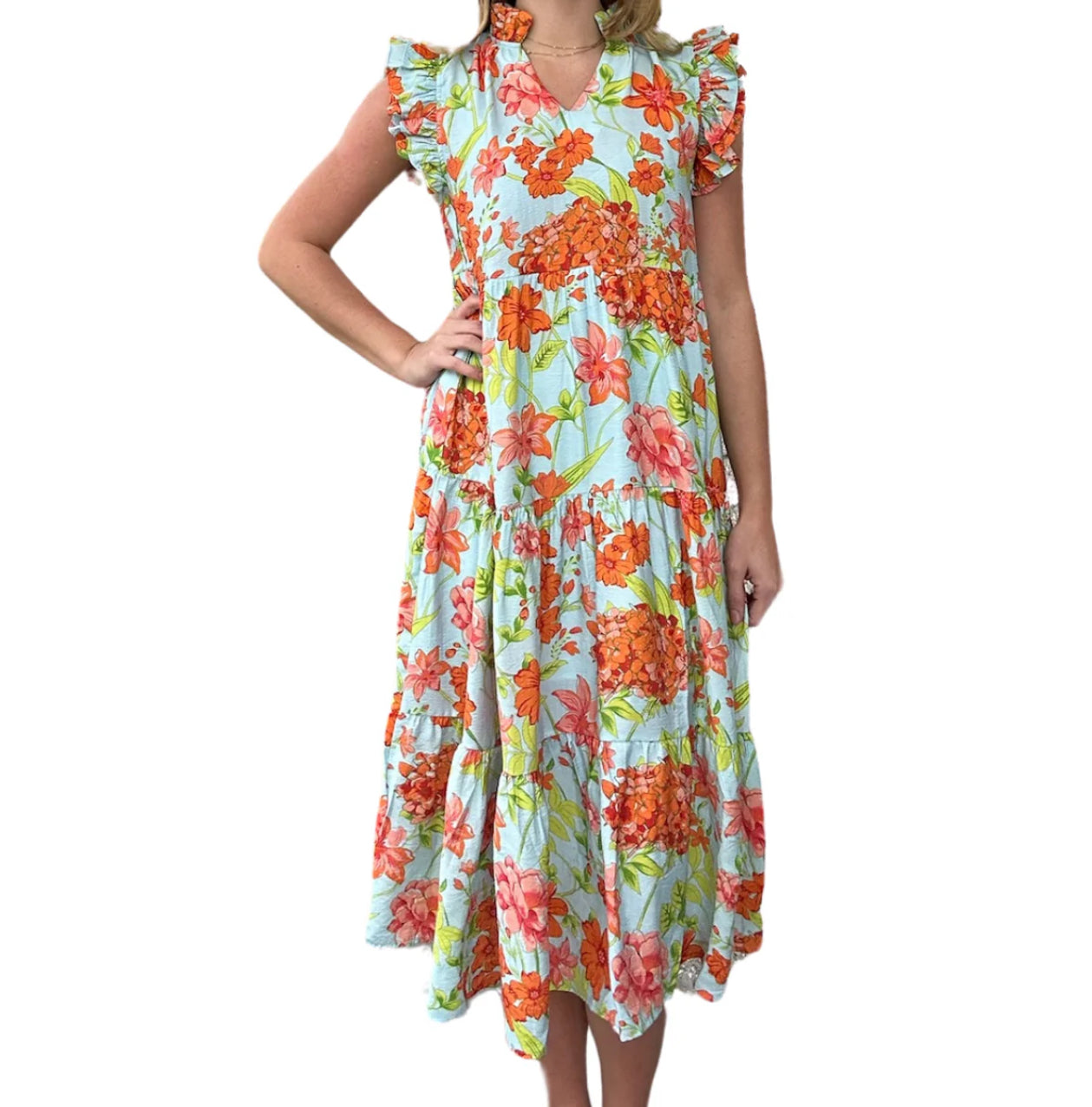 Floral Flutter Sleeve Midi Dress-Multi