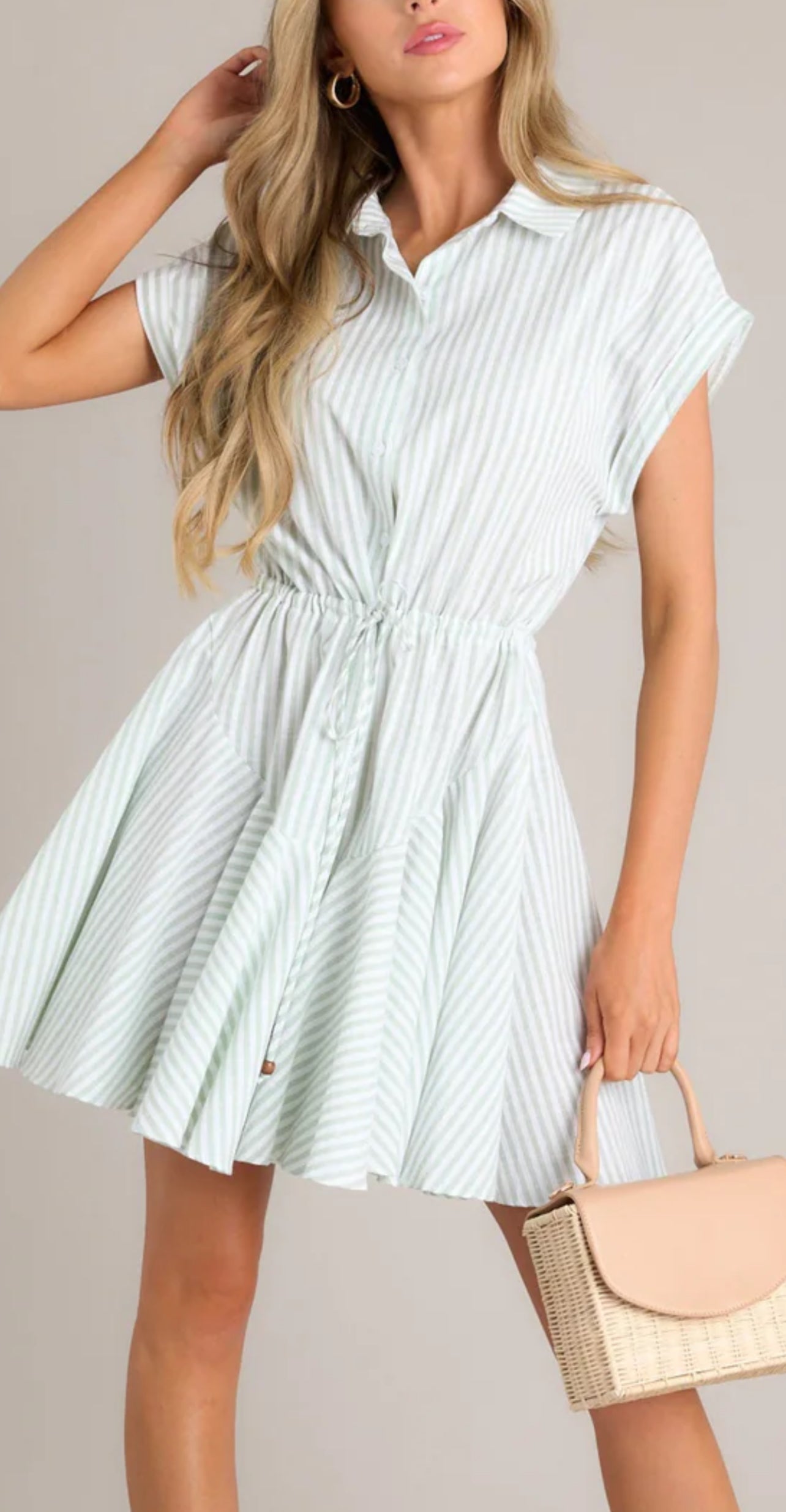 Striped Tie Front Mini Dress-Sage/White