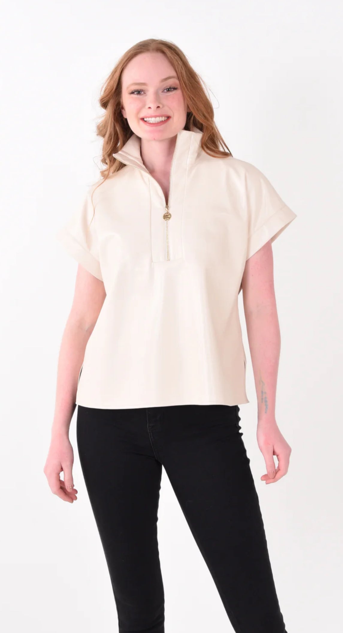 Poppy Pullover Vegan Leather Top-Sandshell