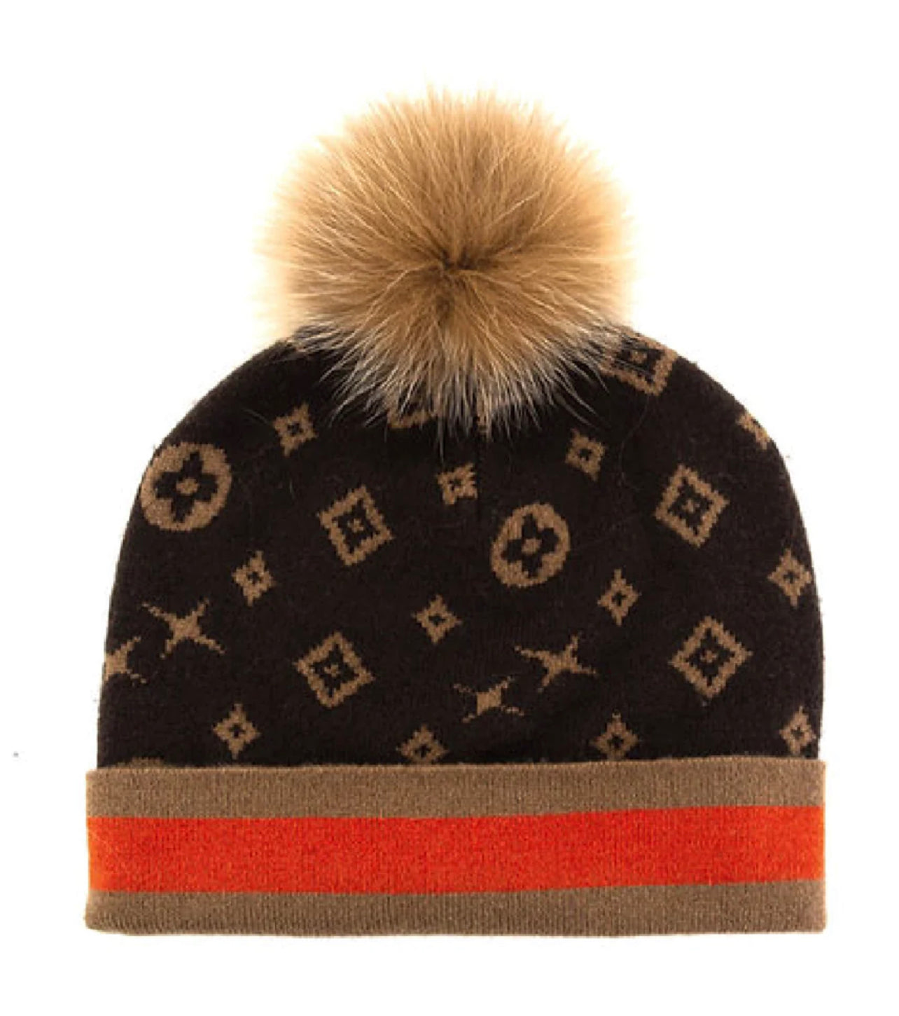 Knit Monogram Hat with Fox Pom
