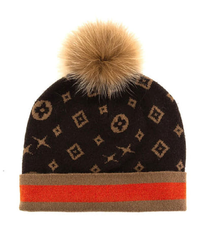 Knit Monogram Hat with Fox Pom