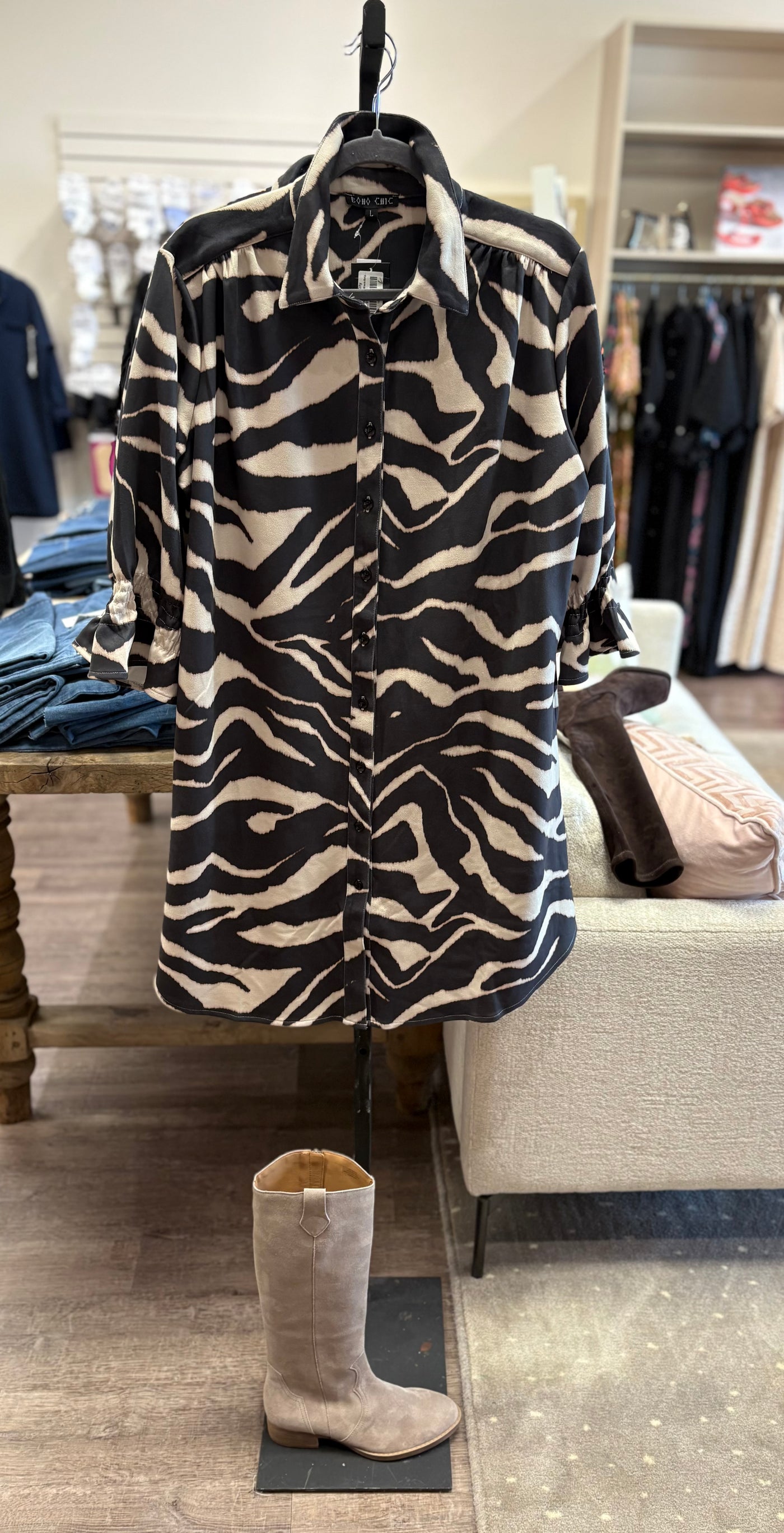 Abstract Zebra Print Dress-Black/Beige