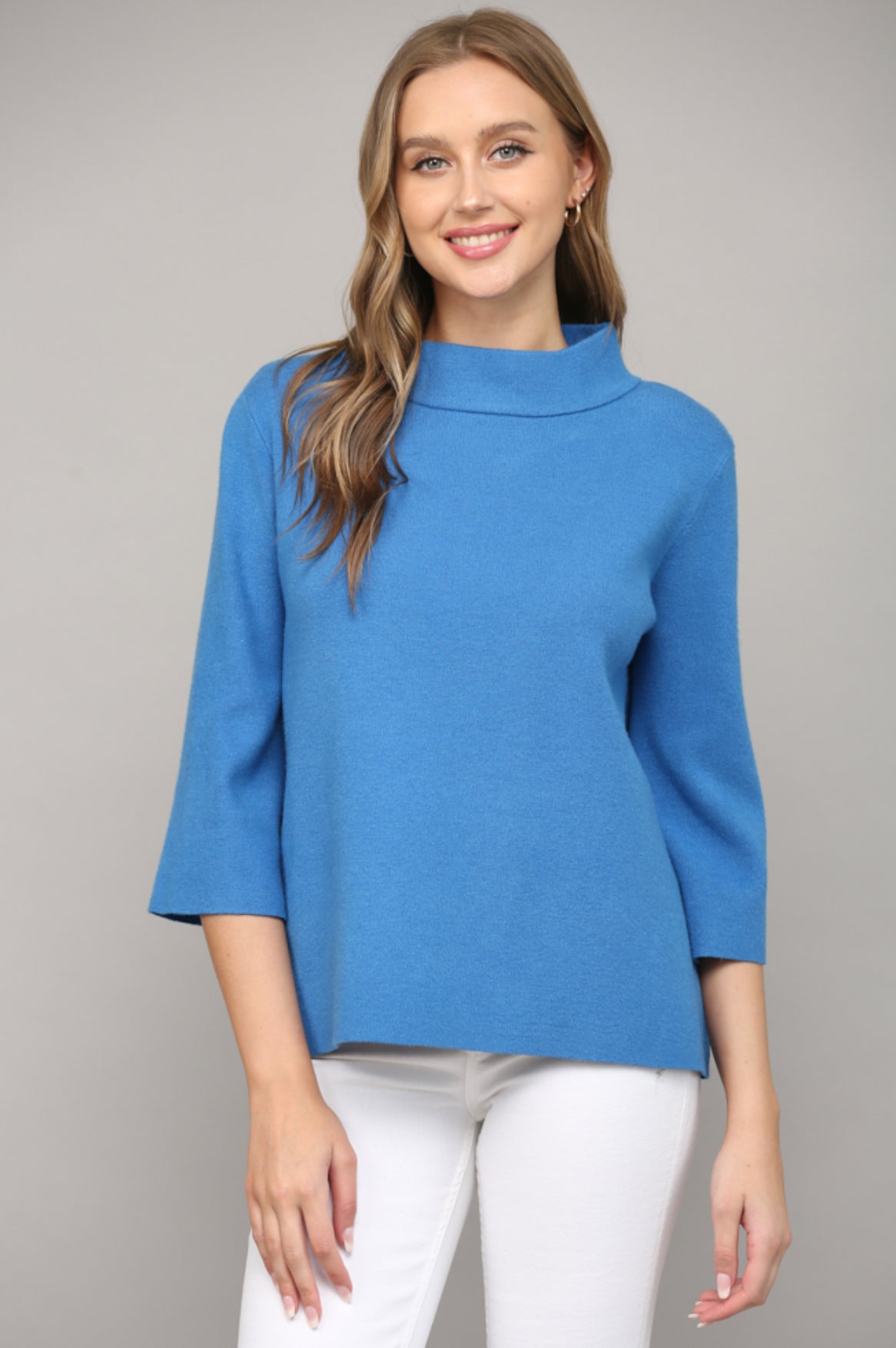 Mock Neck Bell Sleeve Sweater-French Blue