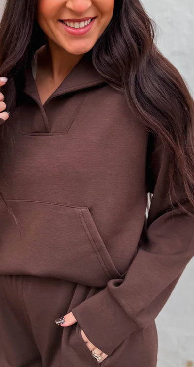 Modal Collared Pullover Top-Coffee Bean