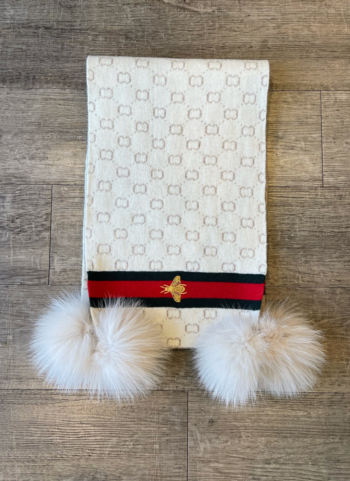 Scarf with Embroidered Bees and Fox Poms