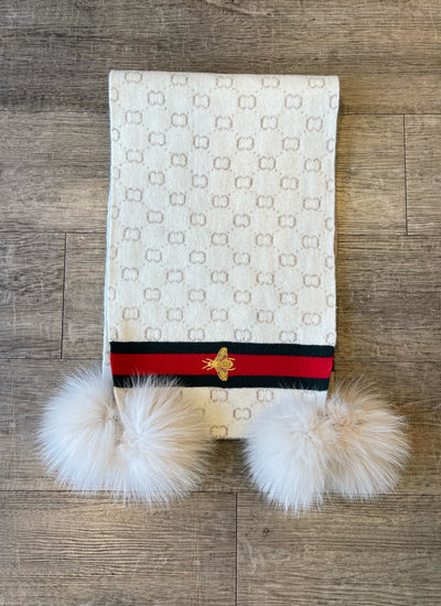 Scarf with Embroidered Bees and Fox Poms
