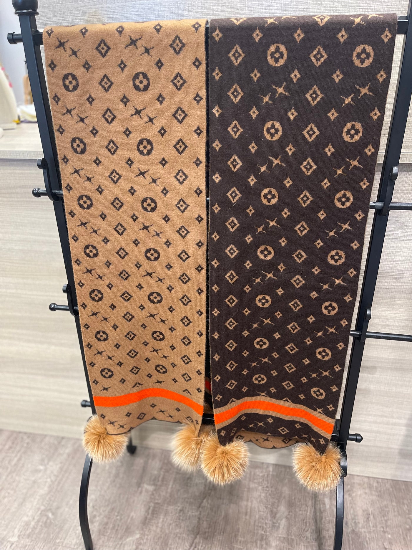 Monogram Scarf with Fox Poms