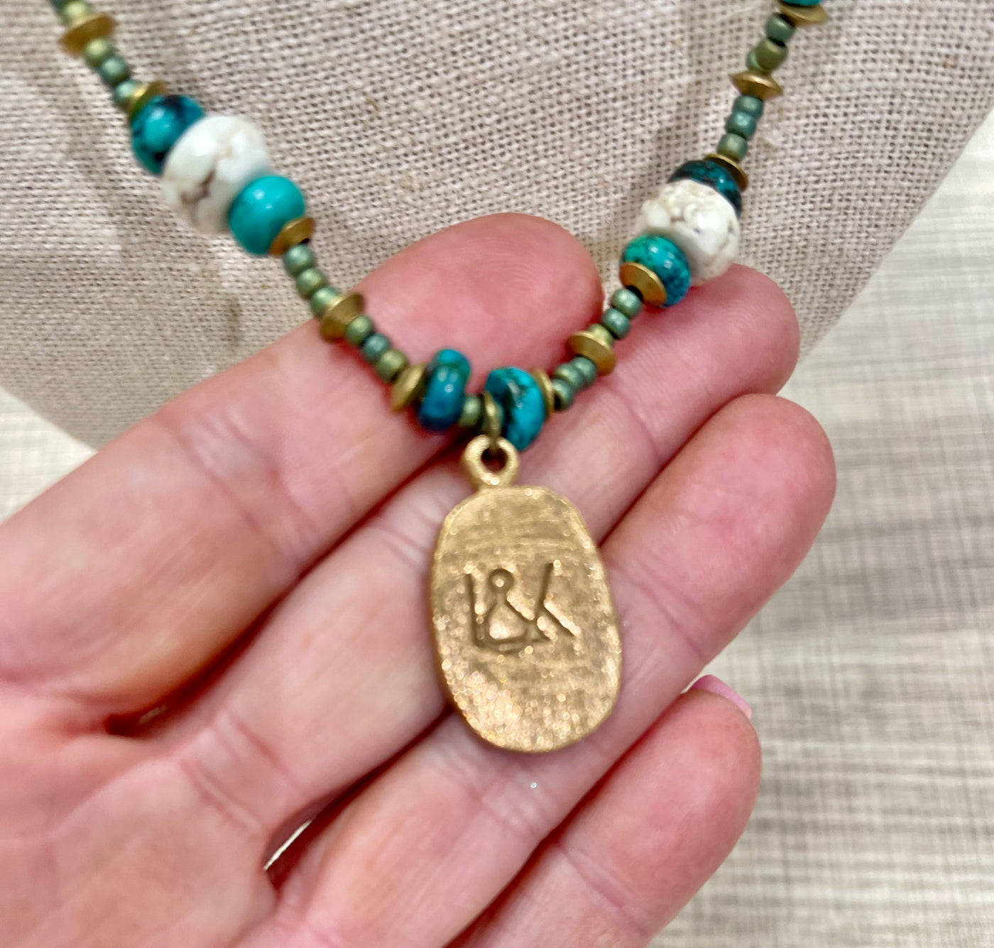 Turquoise and Beaded Chain Necklace with Broze Heiroglyph Pendant
