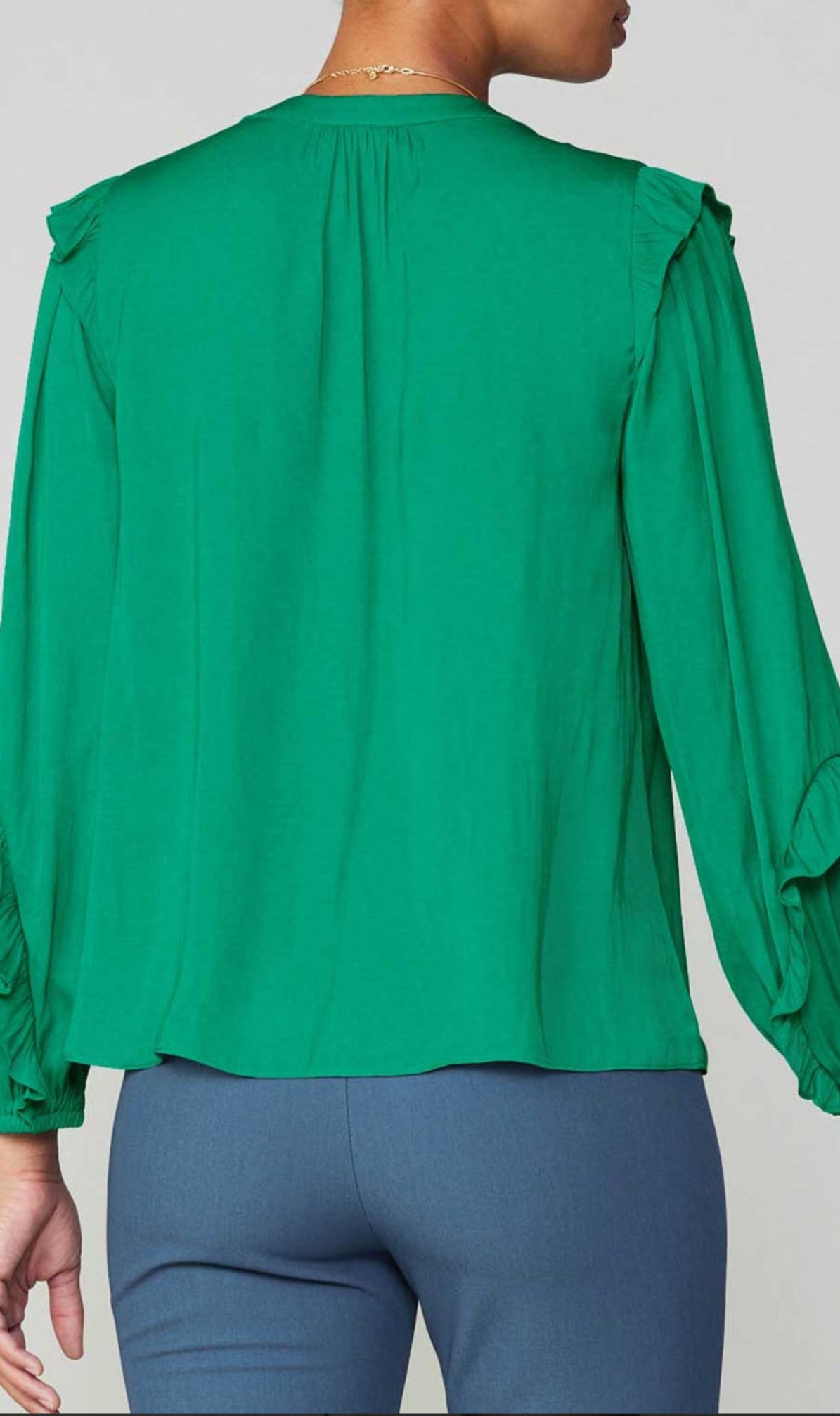 Split neck ruffles long sleeve top-Green