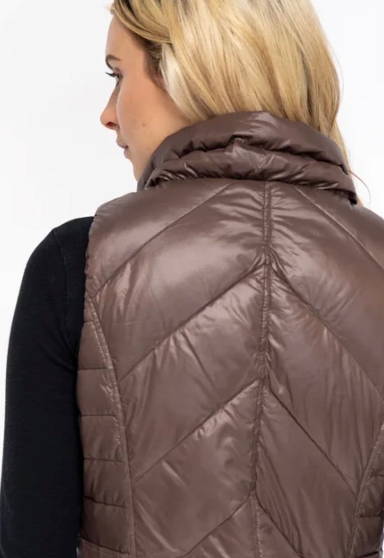 Quilted Long Puffer Vest-Chocolate