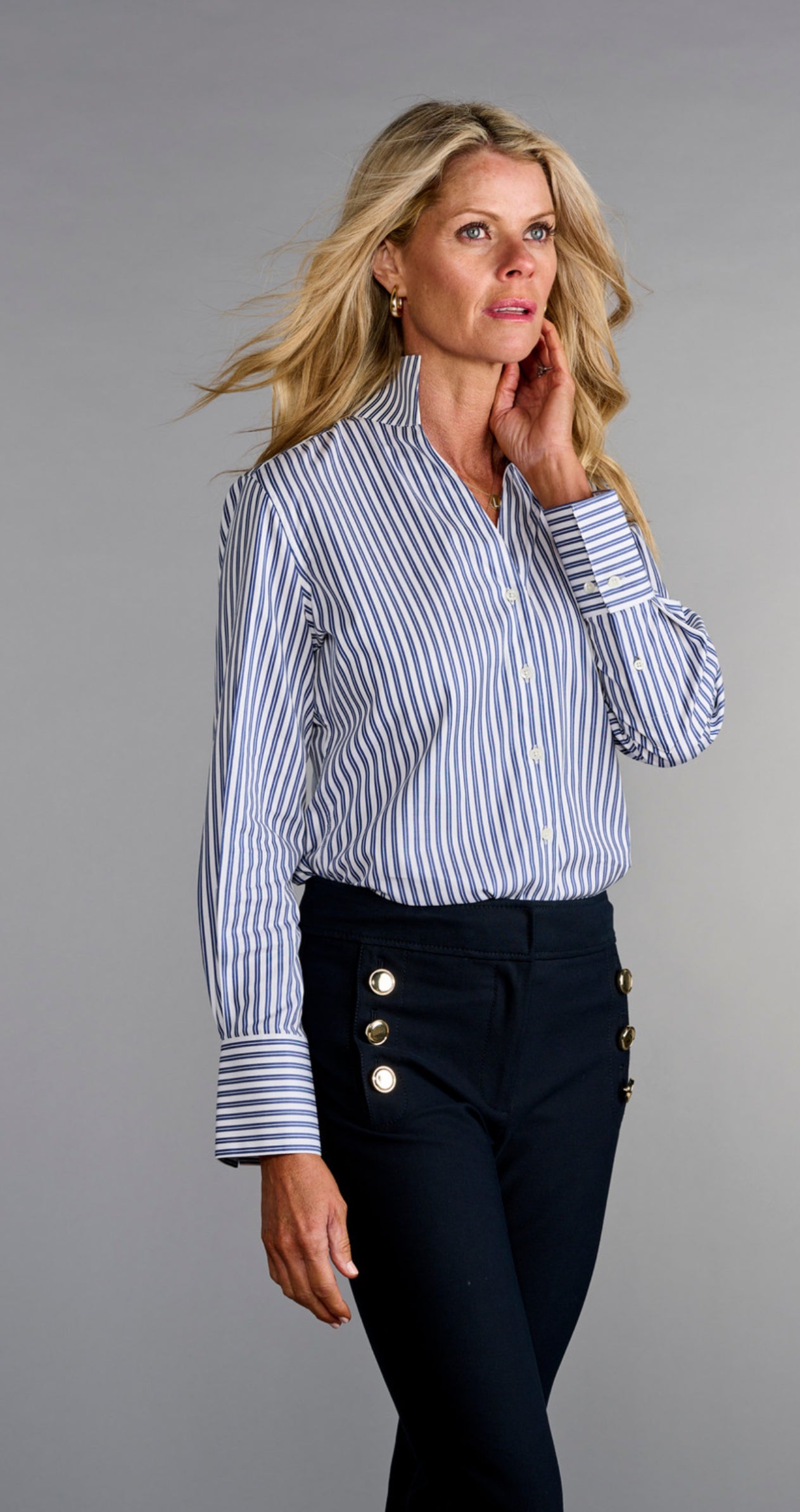 League Blouse Blue Long Sleeve Stripe-Navy