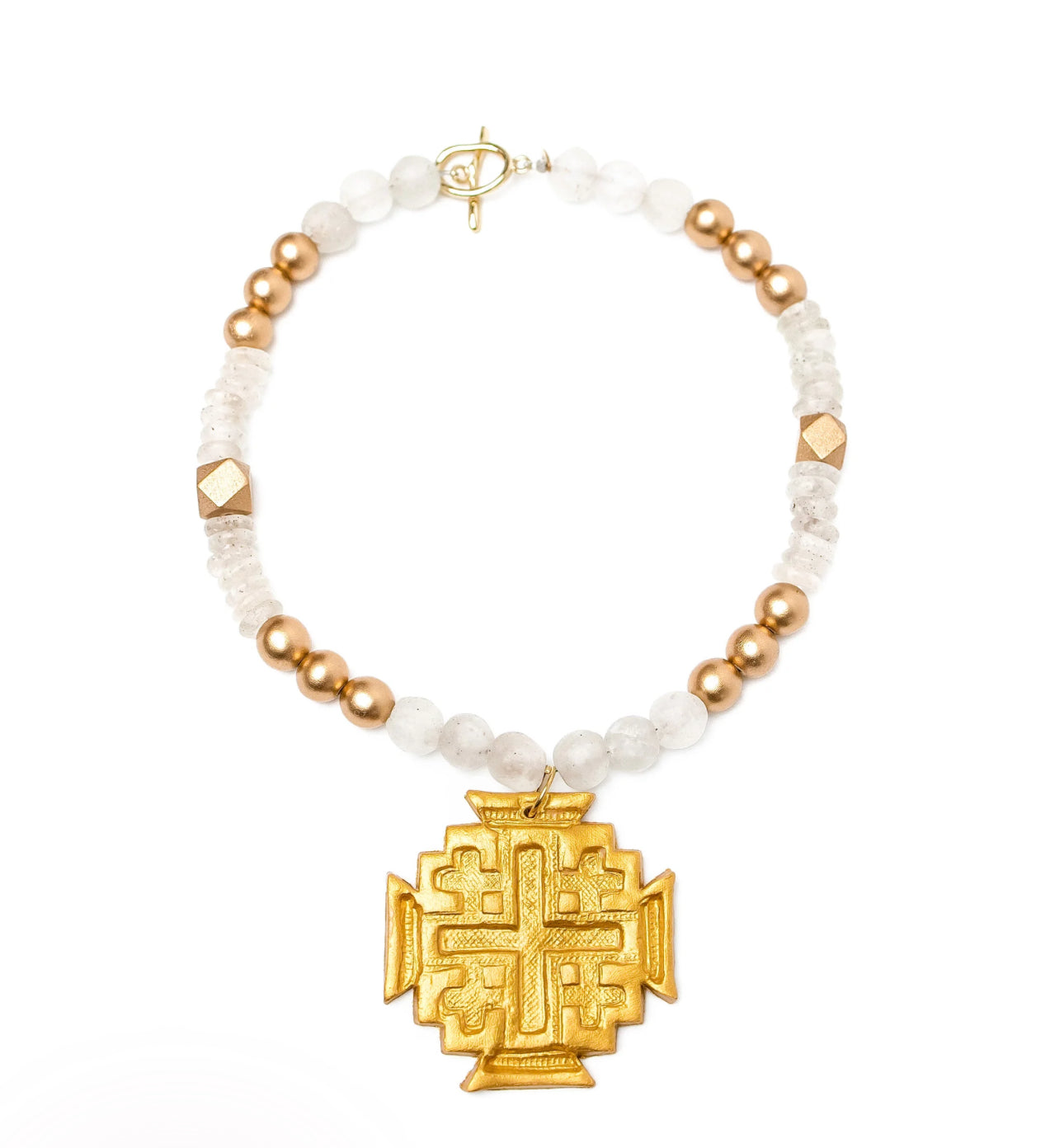 African Clear Glass with Jerusalem Cross Necklace