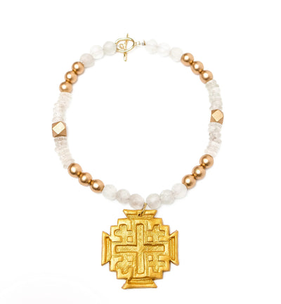 African Clear Glass with Jerusalem Cross Necklace