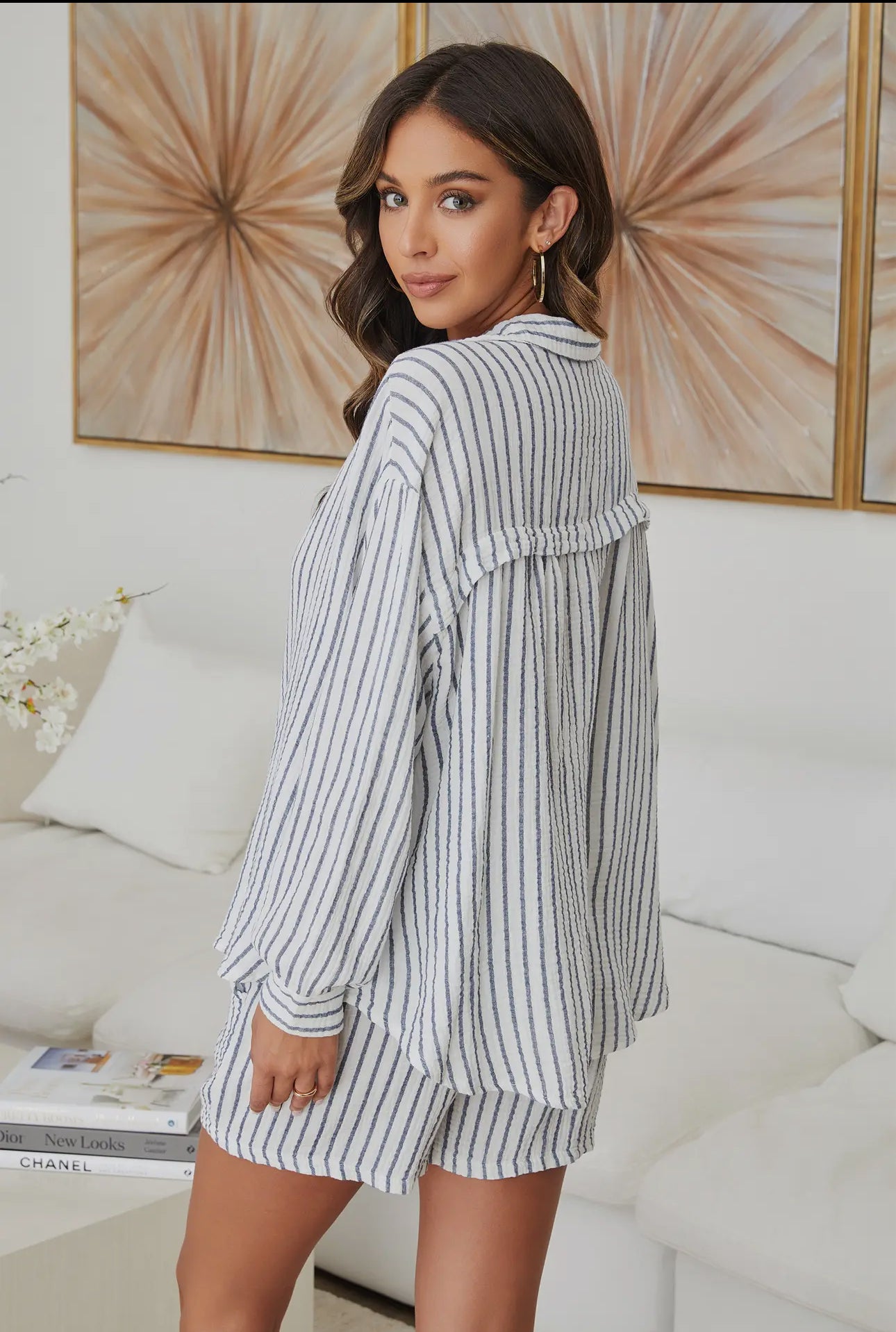 Seersucker Gauze Button Down Striped-White/Blue