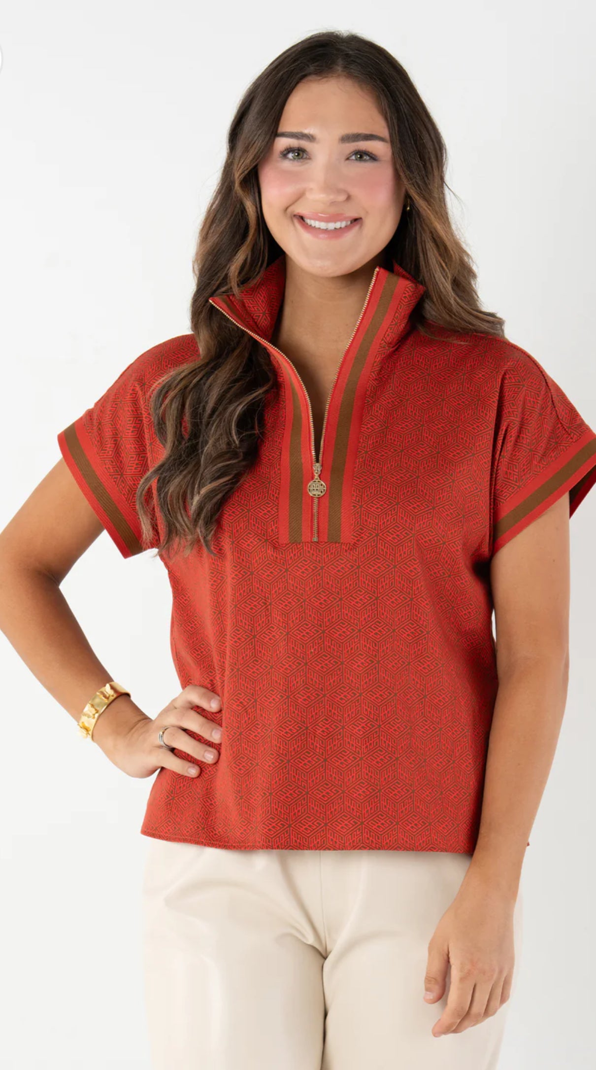 Poppy Pullover Top Monogram-Tonal Red