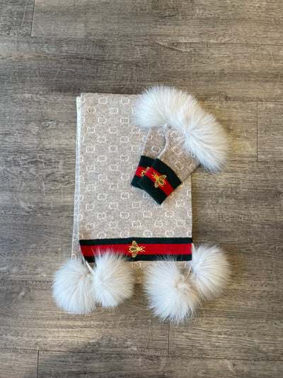Scarf with Embroidered Bees and Fox Poms