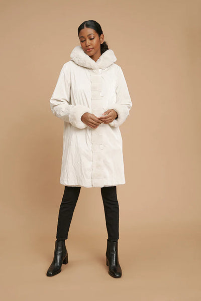 Reversible Faux Fur Hooded Coat-Cream