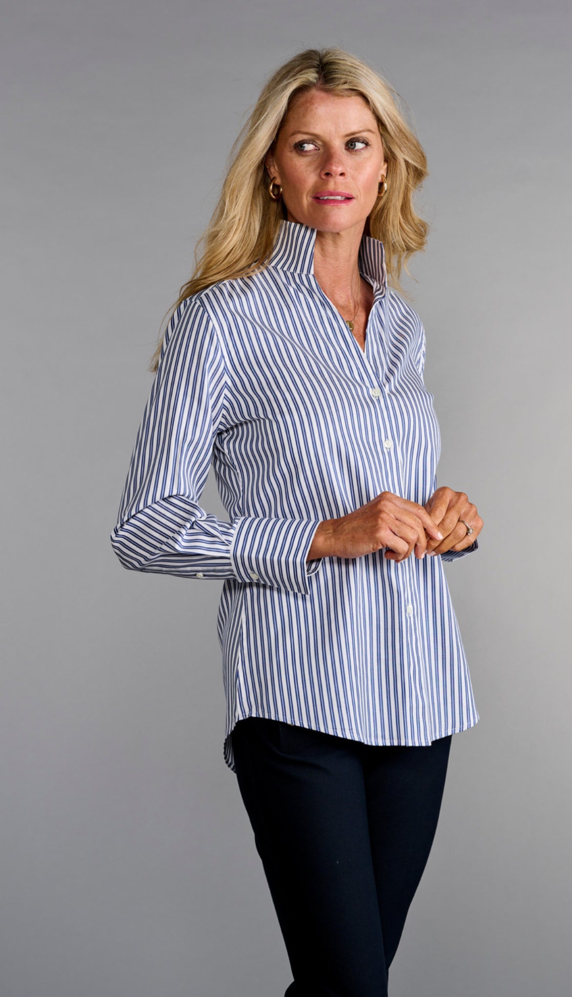 League Blouse Blue Long Sleeve Stripe-Navy