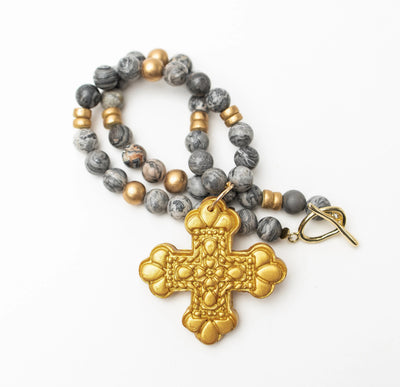 18" Gray Map Jasper with Crown Cross