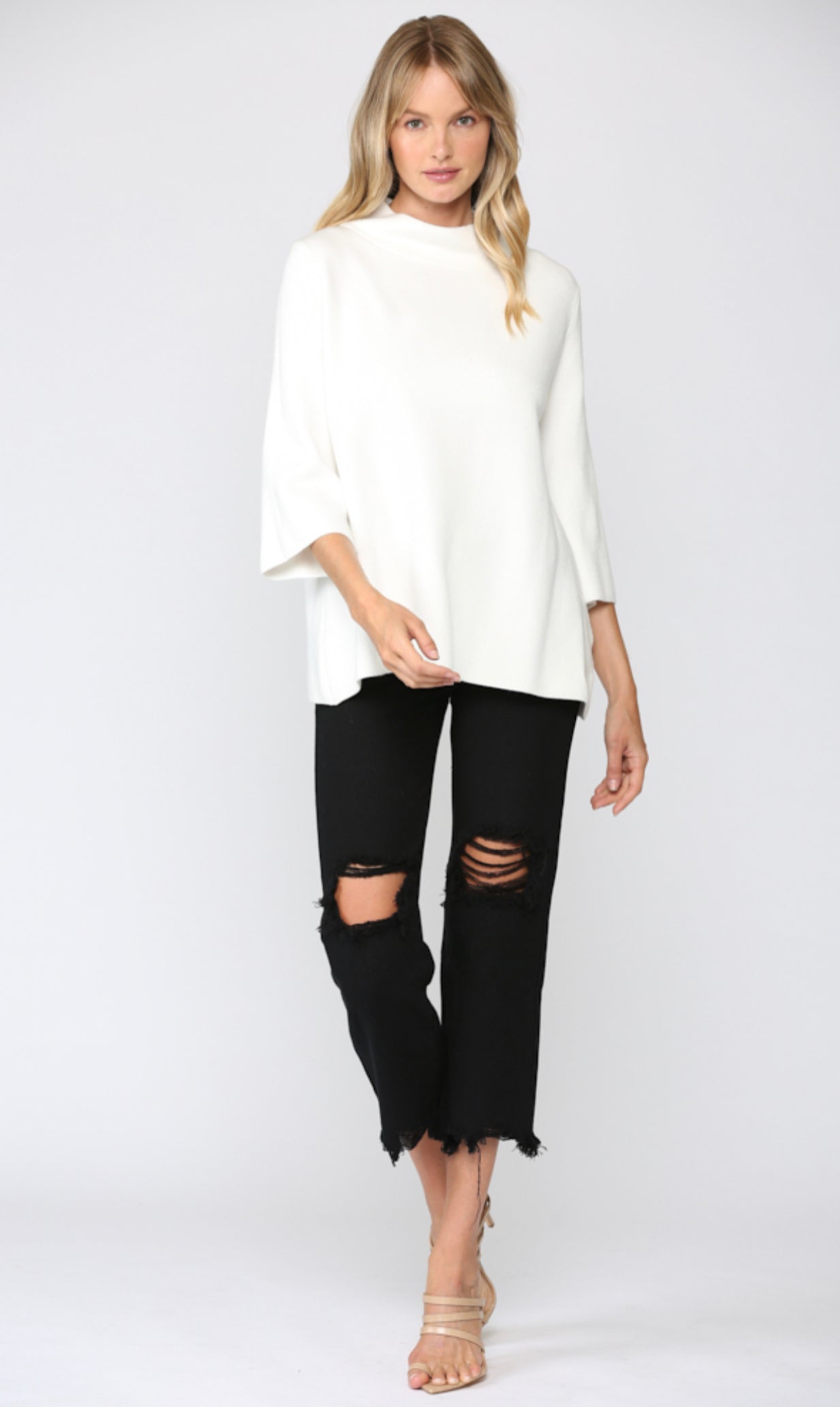 Mock Neck Bell Sleeve Sweater-Cream