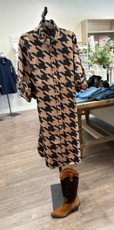 Patterned Self Tie Midi Dress-Tan/Black