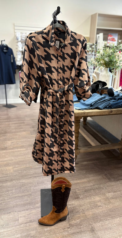 Patterned Self Tie Midi Dress-Tan/Black