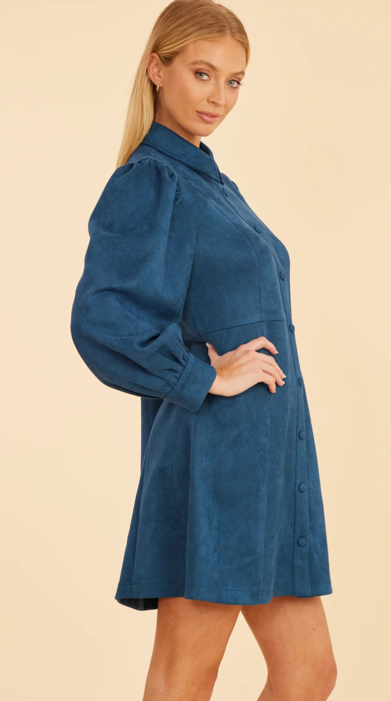 Faux Suede Dress-Steel Blue