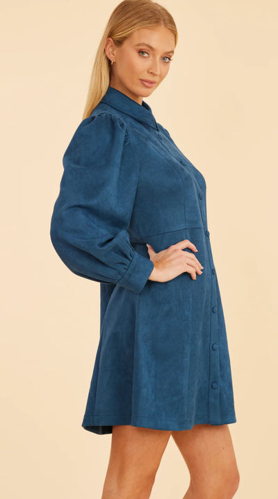 Faux Suede Dress-Steel Blue
