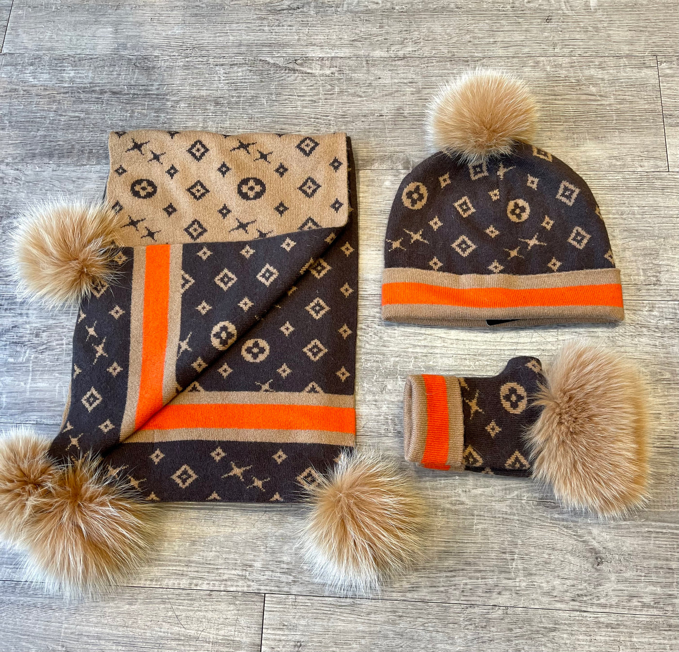 Monogram Scarf with Fox Poms