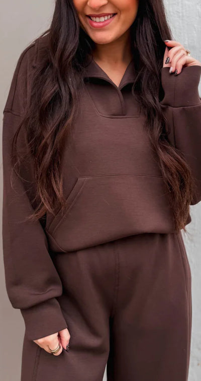 Modal Collared Pullover Top-Coffee Bean