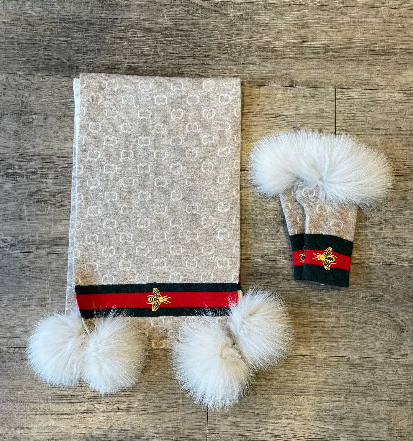 Scarf with Embroidered Bees and Fox Poms
