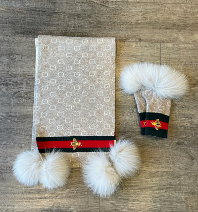 Scarf with Embroidered Bees and Fox Poms