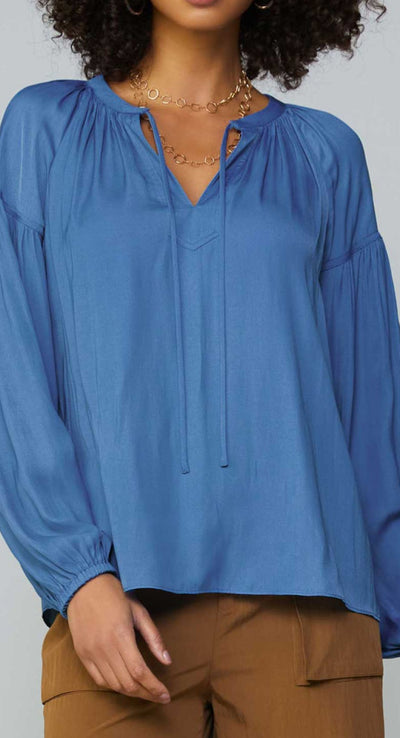 Silky tie-neck long sleeve blouse-Blue