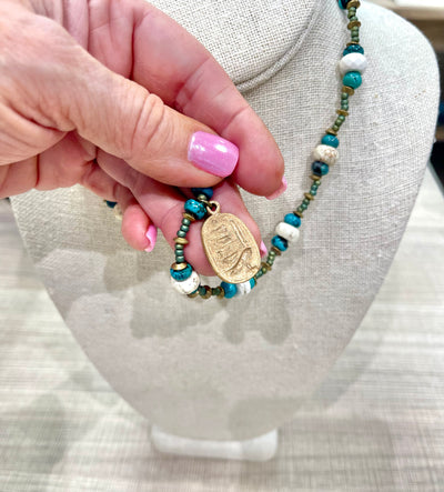 Turquoise and Beaded Chain Necklace with Broze Heiroglyph Pendant