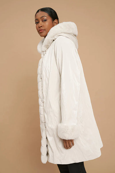 Reversible Faux Fur Hooded Coat-Cream