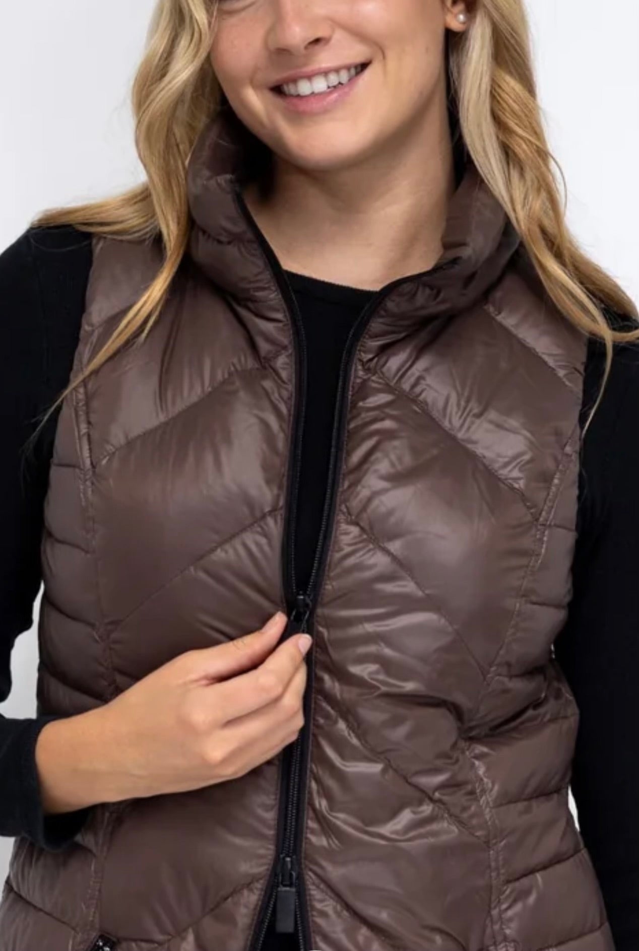 Quilted Long Puffer Vest-Chocolate