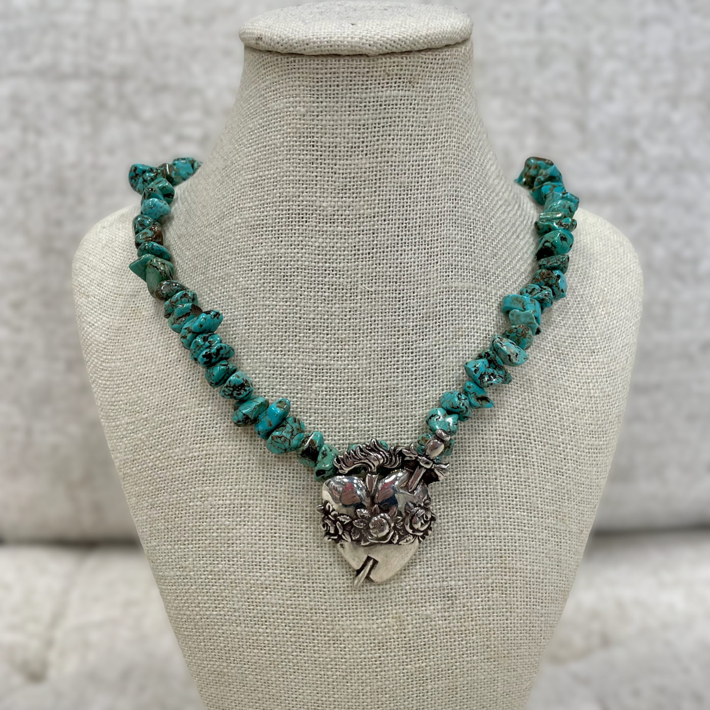 Turquoise Necklace with Sacred Heart Pendant