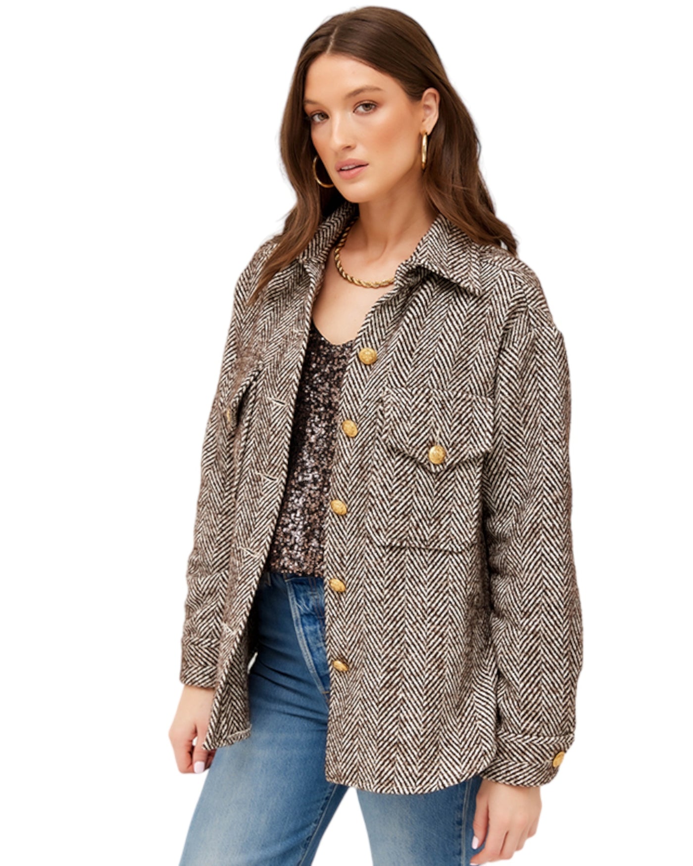 Herringbone Shirt Jacket Brown